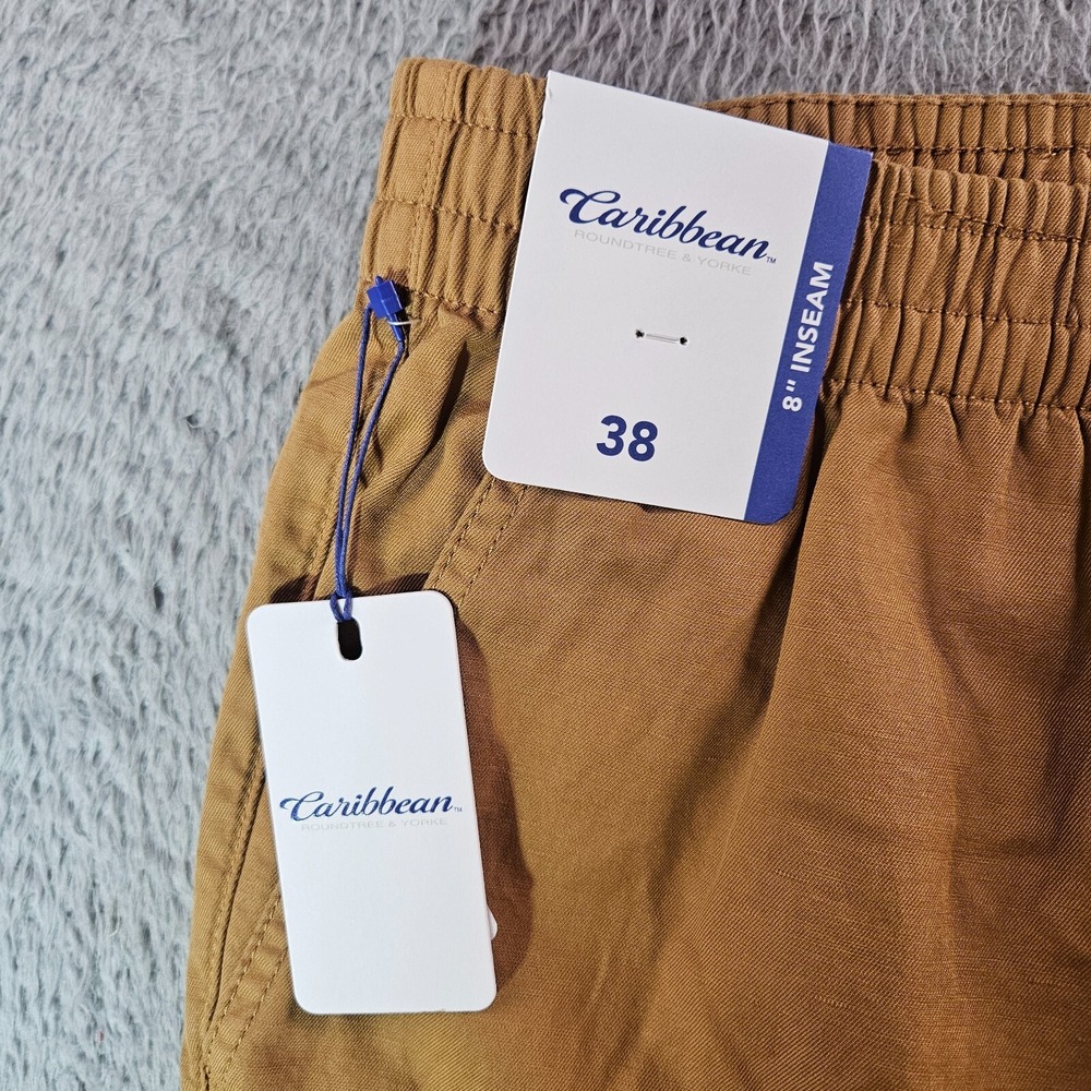 NWT Caribbean Roundtree & Yorke Shorts Men 38 x 8" Cotton Linen Tan